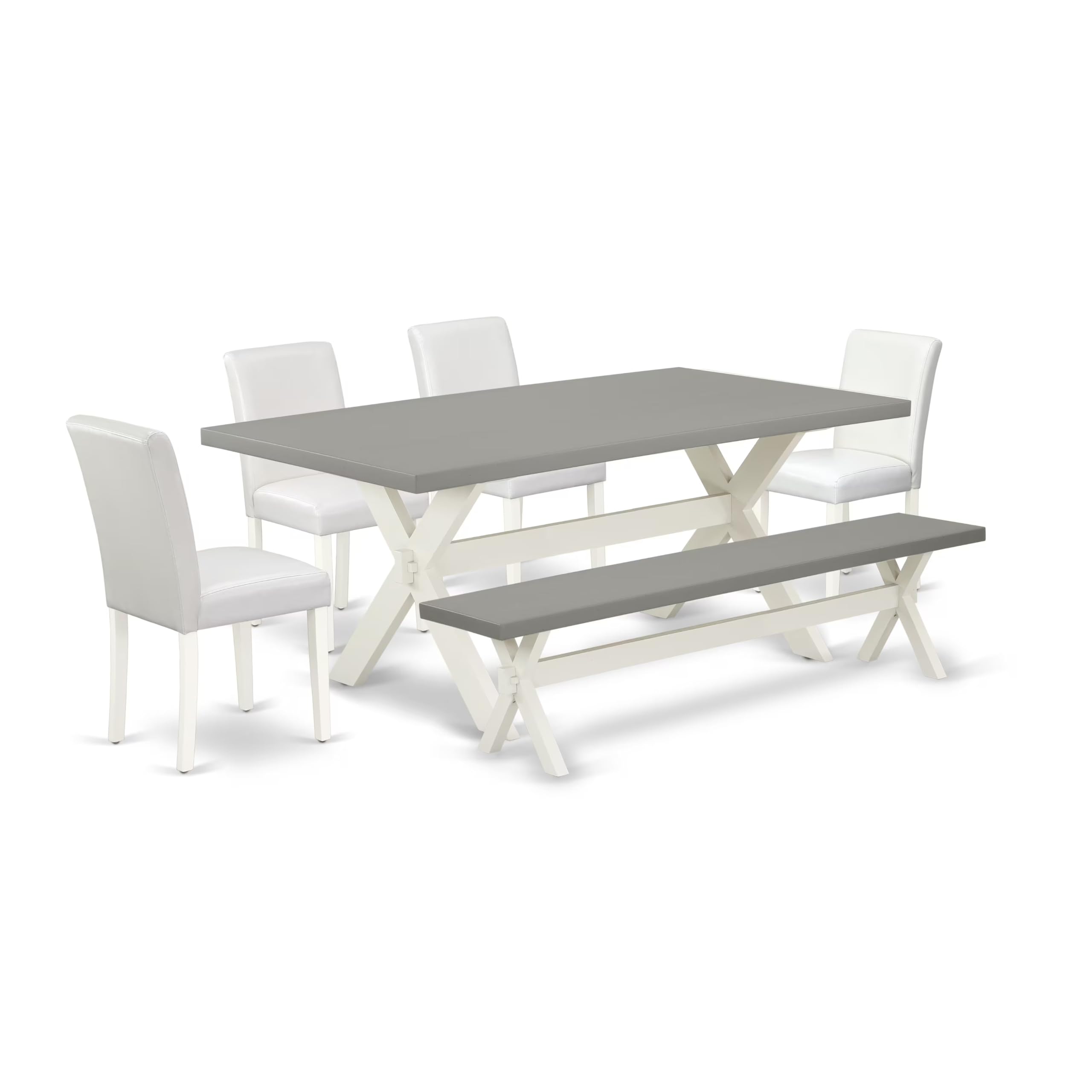 East West Furniture X097Ab264-6 6 Piece Modern Dining Table Set Contains A Rectangle Wooden Table With X-Legs And 4 White Faux Leather Parson Chairs With A Bench, 40X72 Inch, Multi-Color